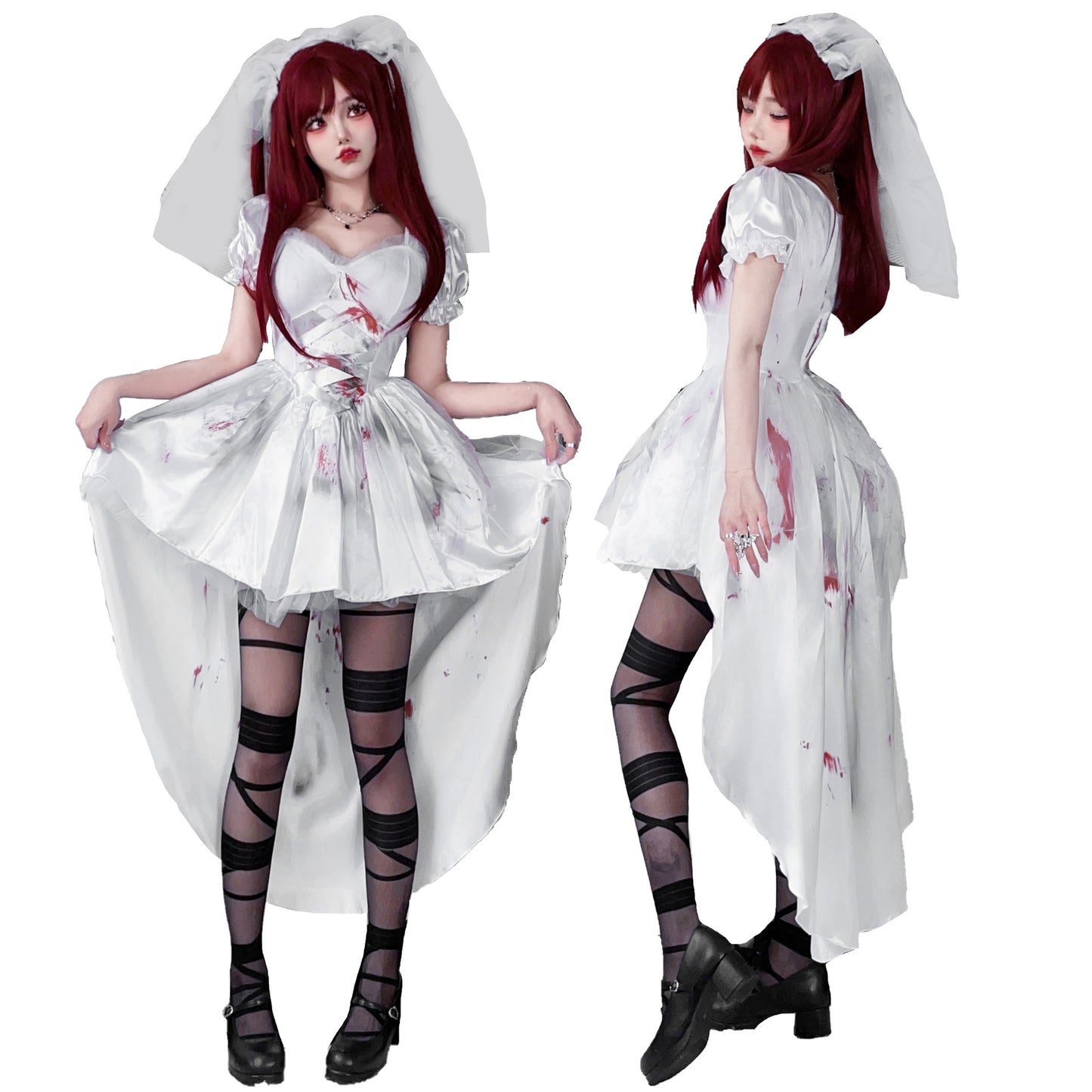 Gothic Zombie Bride Halloween Costume | Blood Splatter Dress & Veil Set | Women's