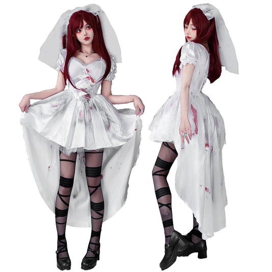 Gothic Zombie Bride Halloween Costume | Blood Splatter Dress & Veil Set | Women's