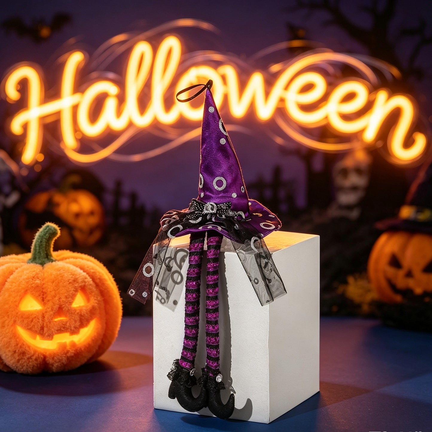 Halloween Witch Hat Window Hanging Decoration Striped Long Legs Party Atmosphere Decor for Bars and Parties