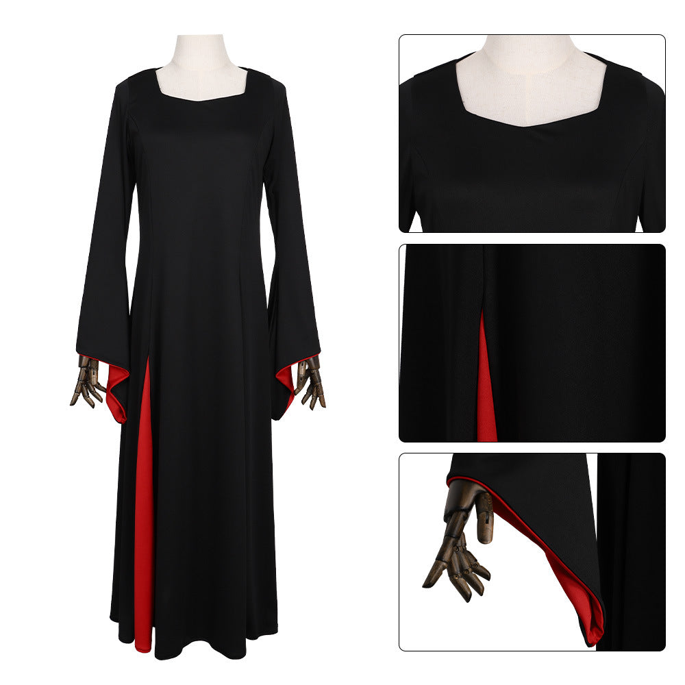 Morticia Addams Cosplay Gown – The Addams Family | Black Floor-Length Dress with Red-Lined Bell Sleeves | S–2XL