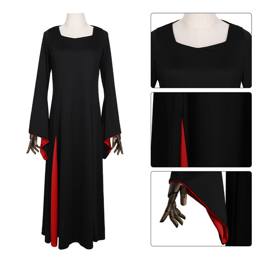 Morticia Addams Cosplay Gown – The Addams Family | Black Floor-Length Dress with Red-Lined Bell Sleeves | S–2XL