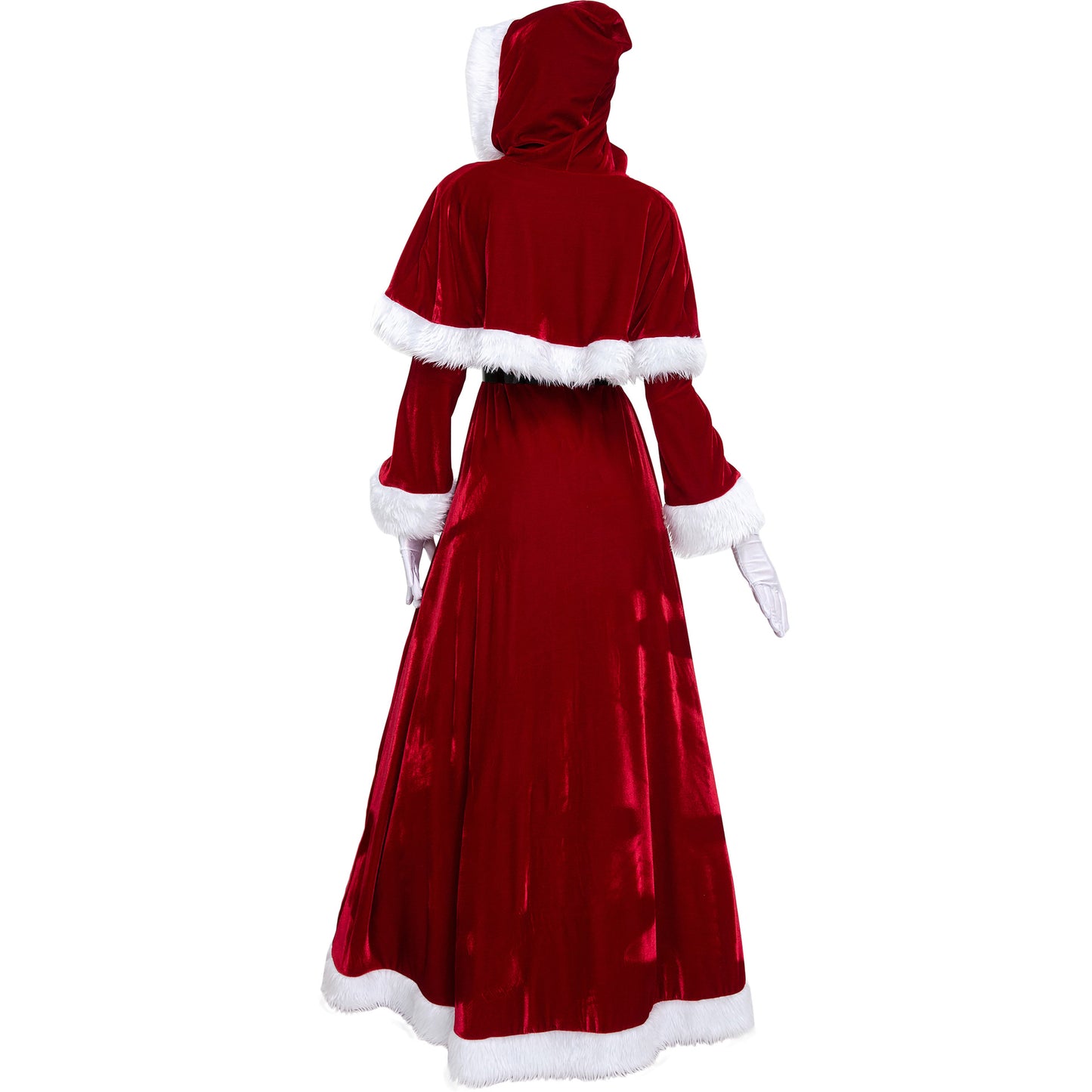 Mrs. Claus Christmas Queen Costume – Red Velvet Maxi Dress with Hooded Cape & Belt | M–2XL