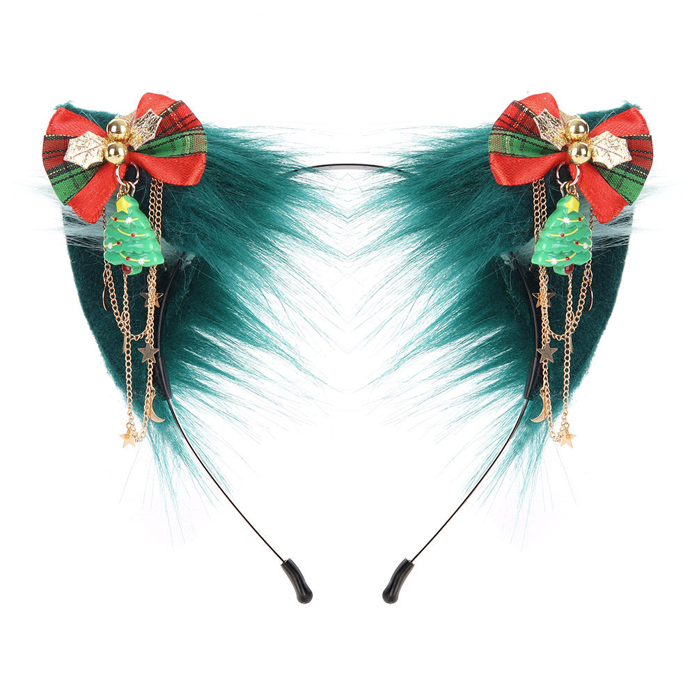 Christmas Animal Ears Headband Handmade Cat Ears Faux Fur Green Realistic Cat Lolita Headband