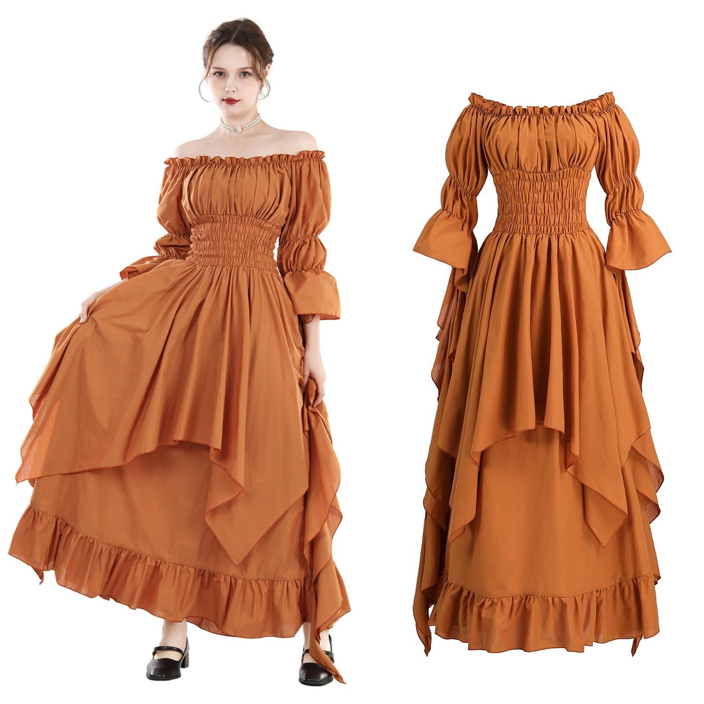 Medieval Renaissance Peasant Dress – Off-Shoulder Smocked Waist Hi-Lo Ruffle Gown | 9 Colors