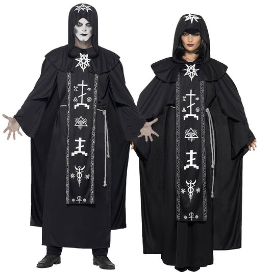 Dark Occult Ritual Robe Halloween Costume – Couples His & Hers Hooded Robe with Arcane Symbol Stole | M–XL