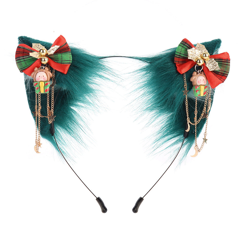 Christmas Animal Ears Headband Handmade Cat Ears Faux Fur Green Realistic Cat Lolita Headband
