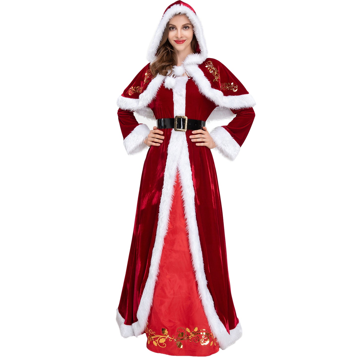 Mrs. Claus Christmas Queen Costume – Red Velvet Maxi Dress with Hooded Cape & Belt | M–2XL