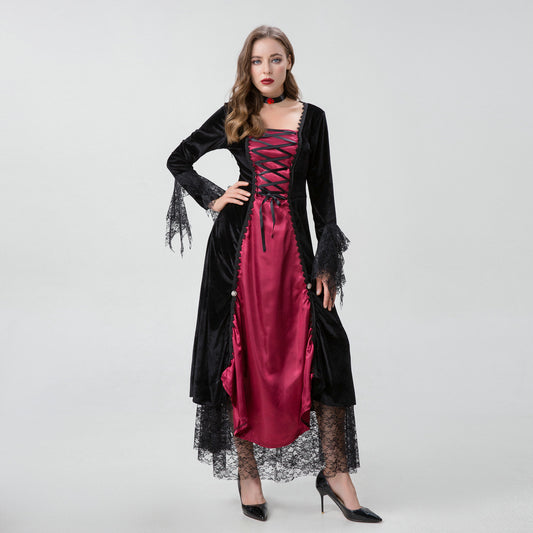 Women's Gothic Vampire Queen Halloween Gown – Burgundy Satin & Black Velvet Lace Dress with Choker | S–XL