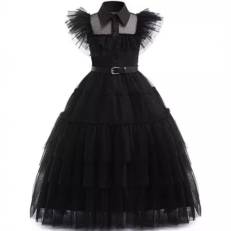 Kids' Wednesday Addams Ball Gown Costume – Black Tulle Dress with Belt | Ages 4–10 | 3 Styles