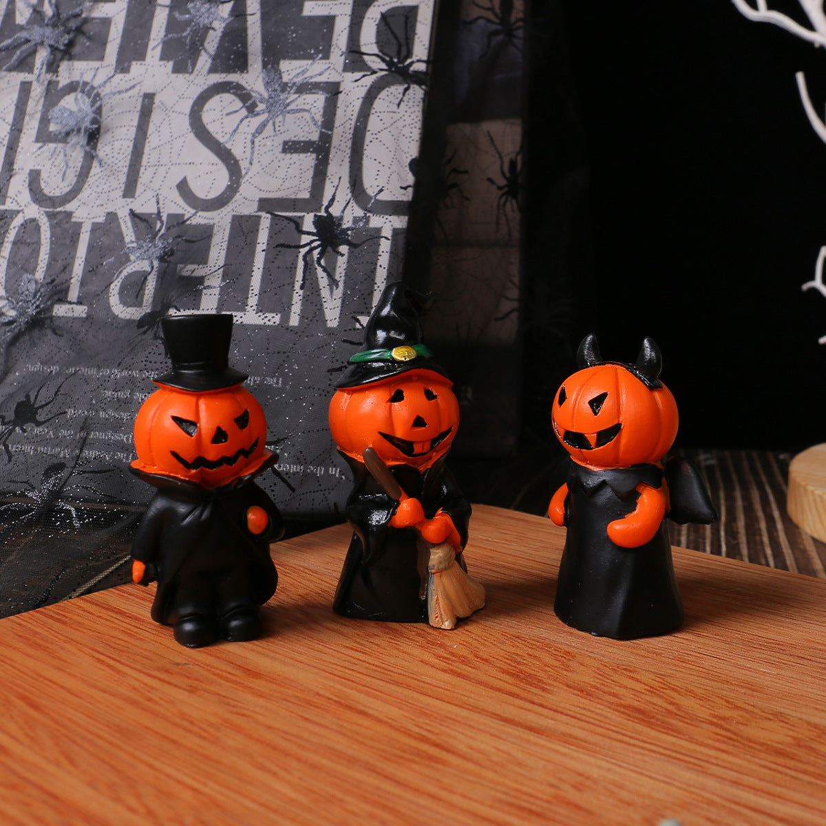 Halloween Mini Pumpkin Devil Gentleman Figurine Set Home Party Desk Resin Craft DecorationSet of Three