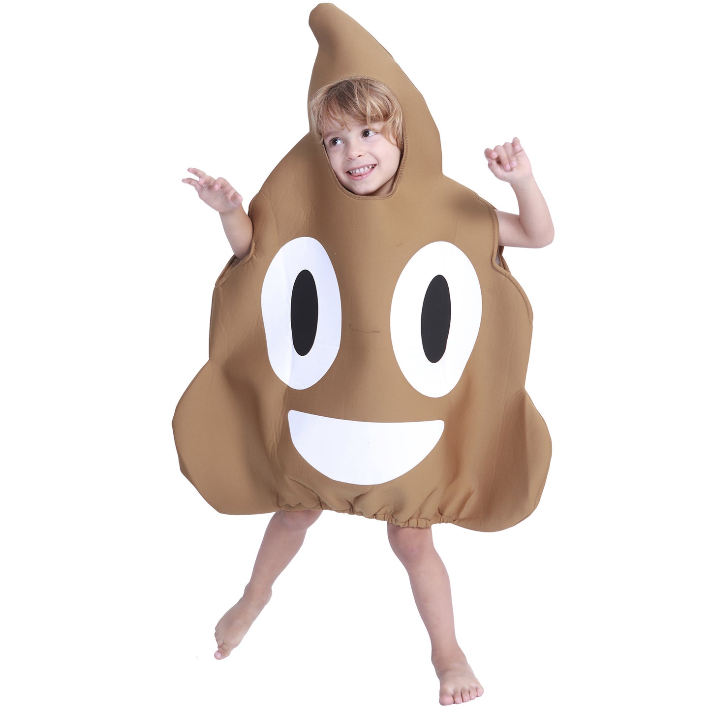 Kids' Poop Emoji Novelty Halloween Costume – Brown Padded Foam Body Suit with Smiling Face & Swirl Hood | One Size (M)