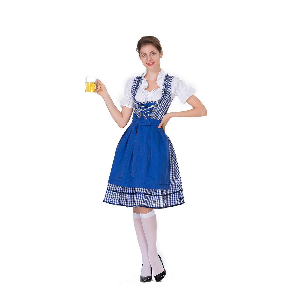 Women's German Oktoberfest Dirndl Costume – Plaid Dress, White Blouse & Apron | 3 Colors | S–3XL