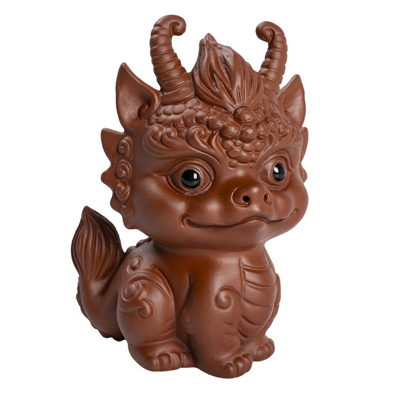 Purple Sand Wealth-Bringing Collectible Dual-Use Tea Table with Playful Zodiac Little Dragon Tea Pet Ornament