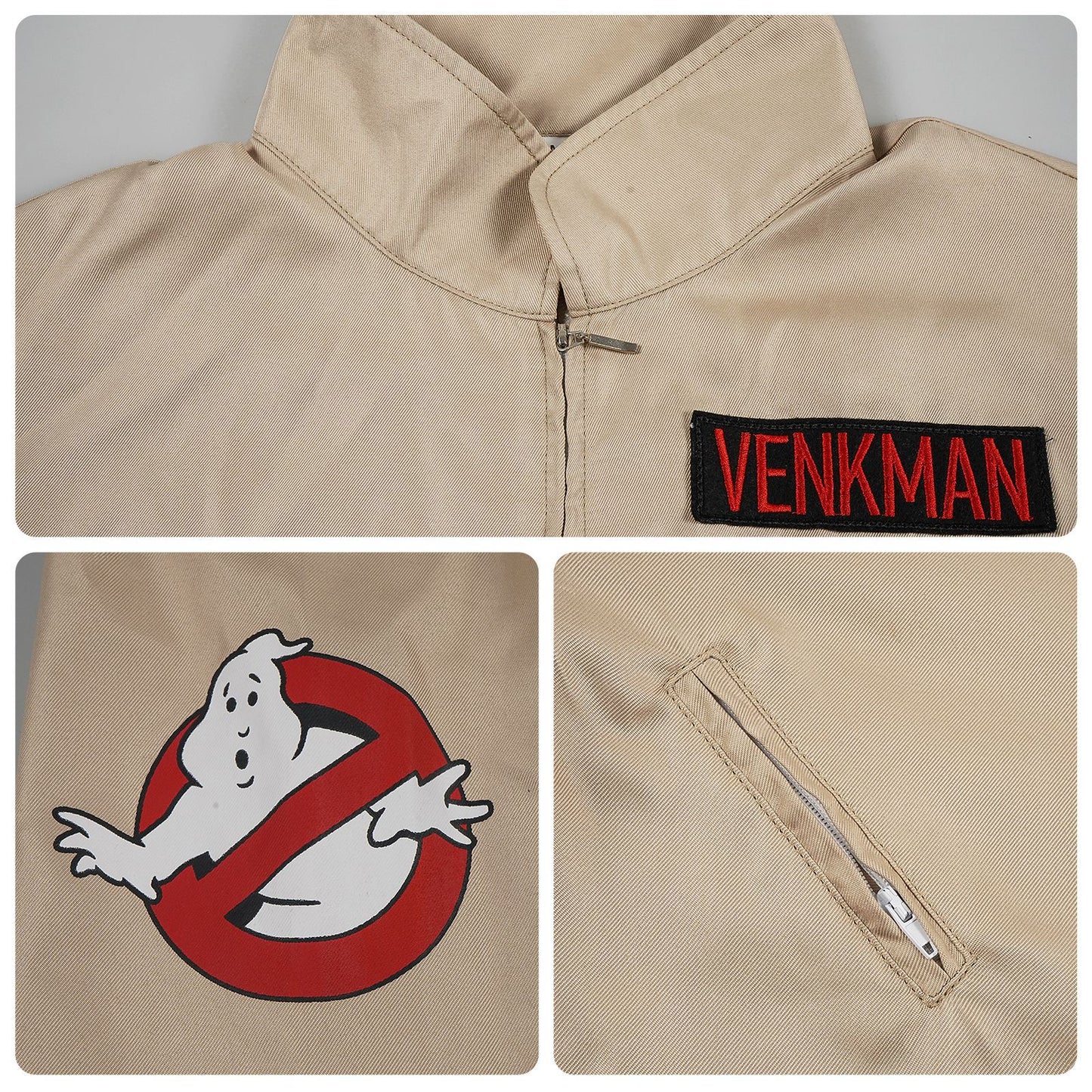 Ghostbusters Venkman Cosplay Jumpsuit – Beige Zip Jumpsuit with Name Patch & Ghost Logo | Adults & Kids
