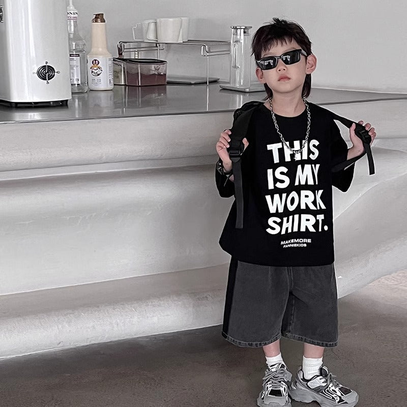 Casual Boy's Short Sleeve Lightweight Letter Print Black Cool Kids Stylish Children's Top