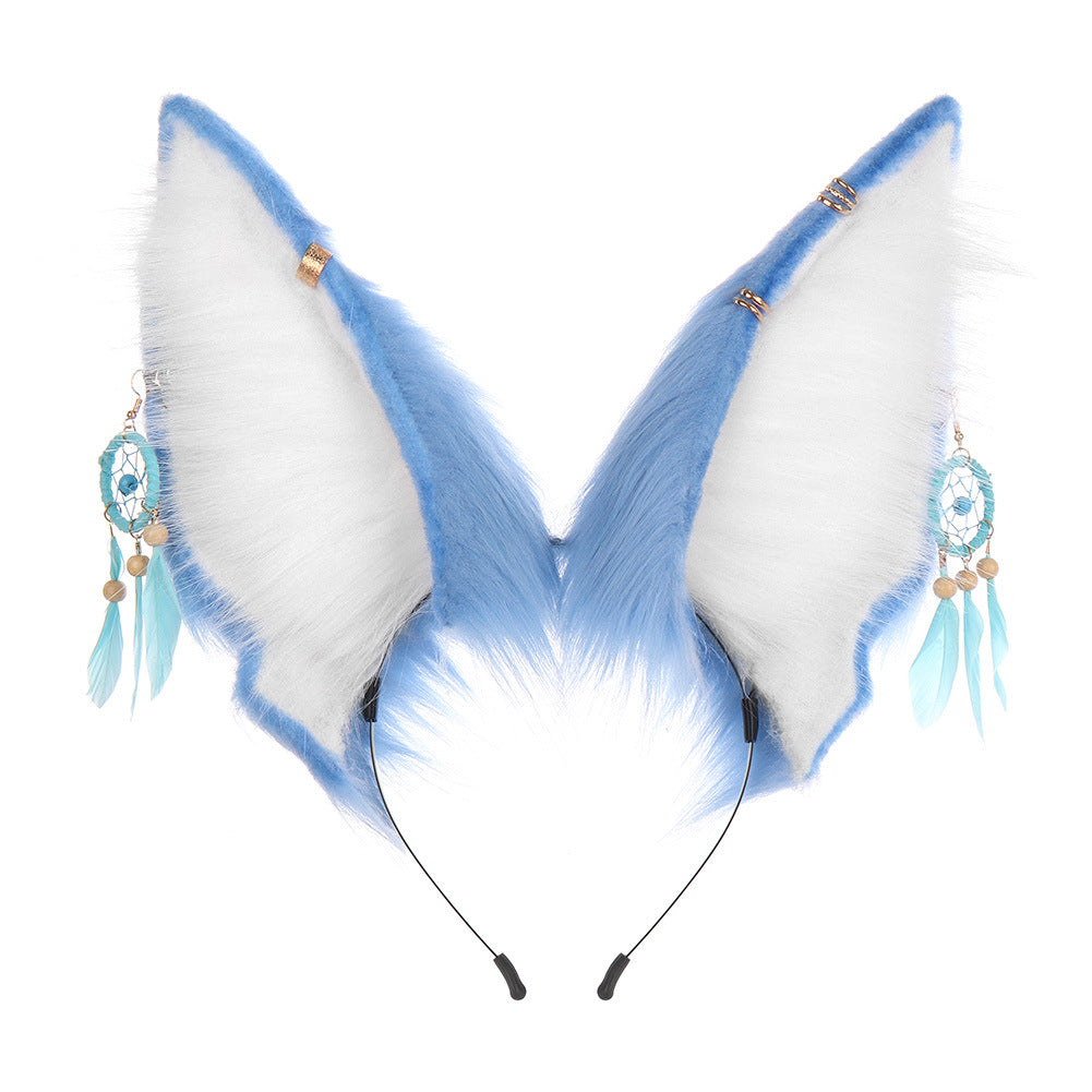 Handmade Plush Animal Ears Headband with Dreamcatcher Accessory, Halloween Costume Anubis Egyptian Cosplay Headpiece