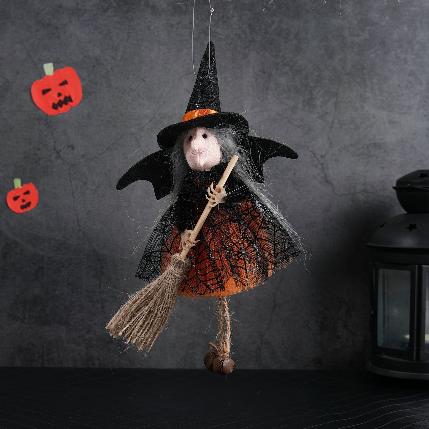 New Halloween Hanging Decoration Witch Holding Broom Tulle Skirt Pendant Toy Bar Horror Hanging Ornament Prank