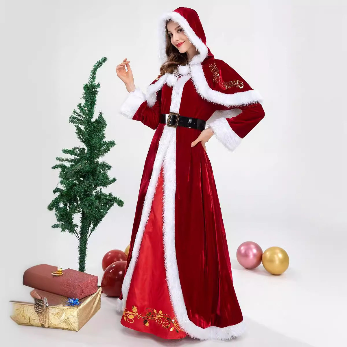 Mrs. Claus Christmas Queen Costume – Red Velvet Maxi Dress with Hooded Cape & Belt | M–2XL
