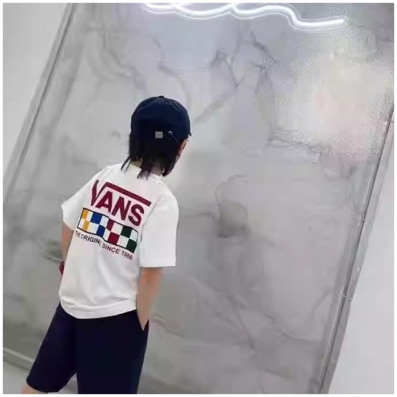 Children's Checkerboard Short Sleeve Casual T-Shirt, Loose Fit for Boys and Girls