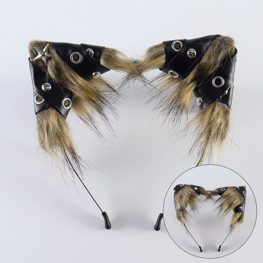 Halloween Animal Ears Headband Punk Style Leather Hair Accessory Cosplay Cat Ears Headband for Party