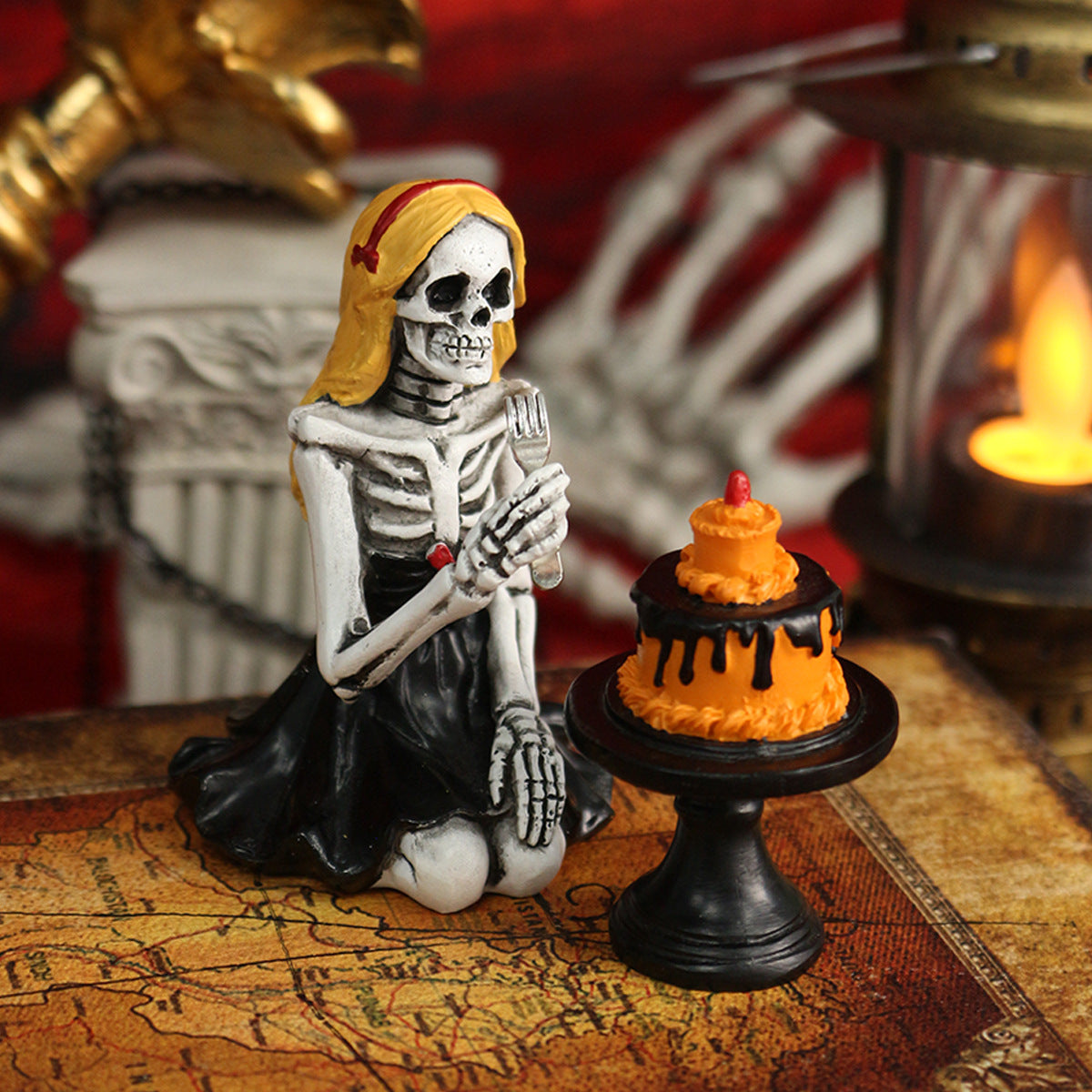 Festive Skull Girl Statue Decoration for Halloween Home Skeleton Scene Resin Craft