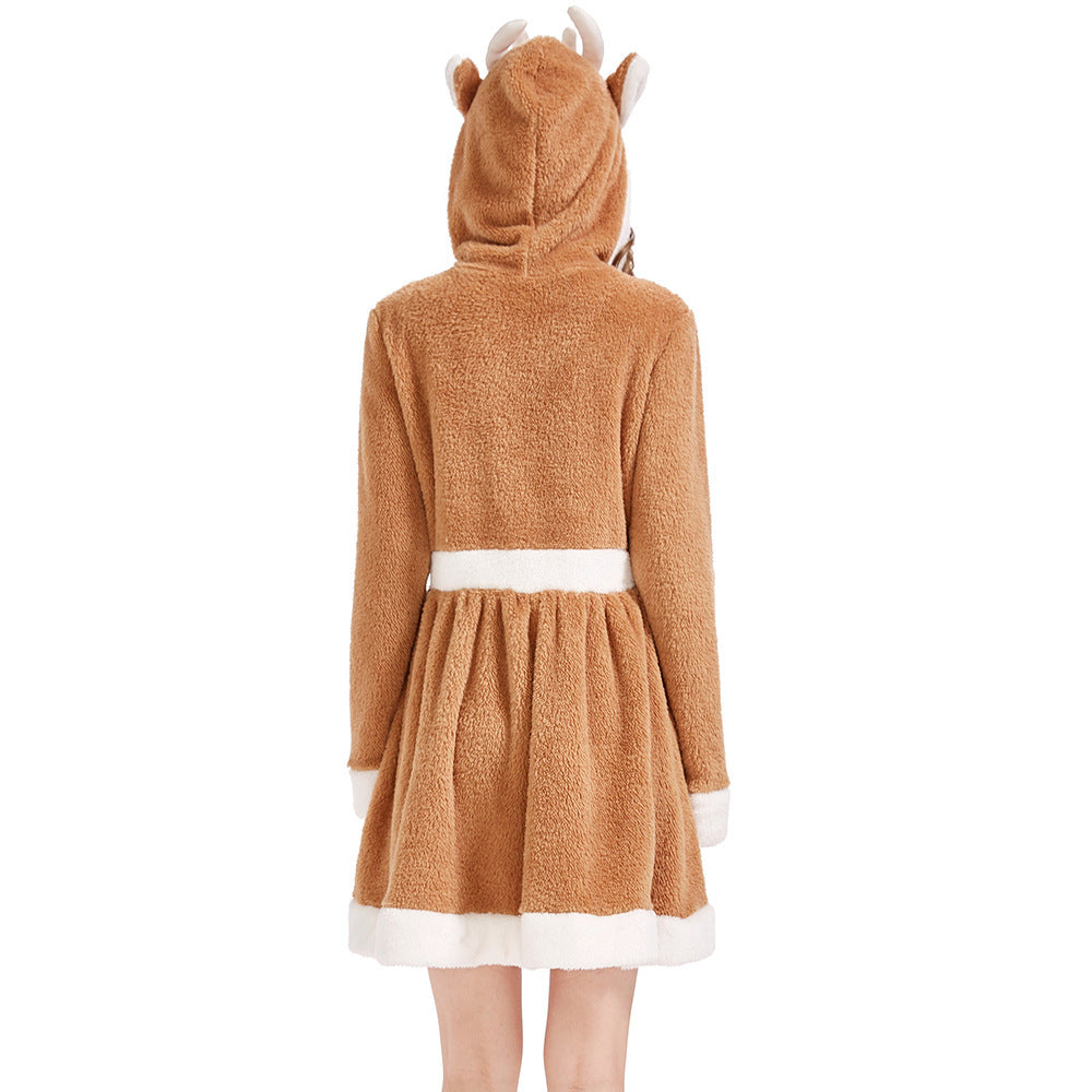 Women's Reindeer Christmas Costume Dress – Cozy Plush Fleece with Antler Hood | M & XL