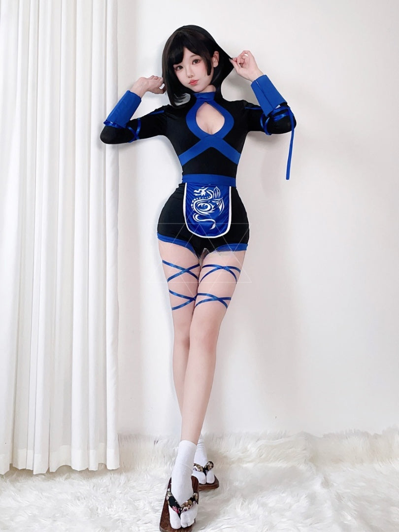 Women's Ninja Halloween Costume – Bodysuit with Ribbon Trim | Red or Blue | 4-Piece Set