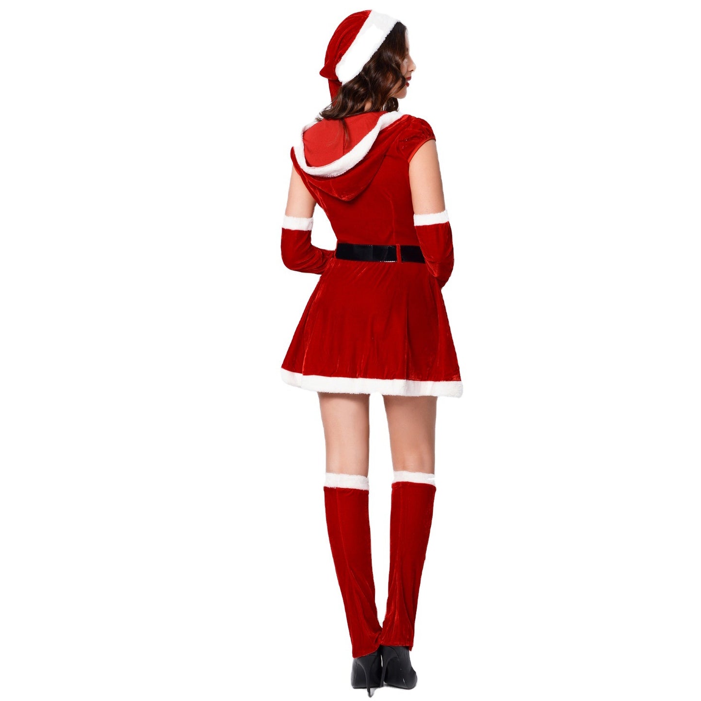 Sexy Mrs. Claus Christmas Costume Set – Hooded Mini Dress, Belt, Gloves & Leg Warmers | One Size