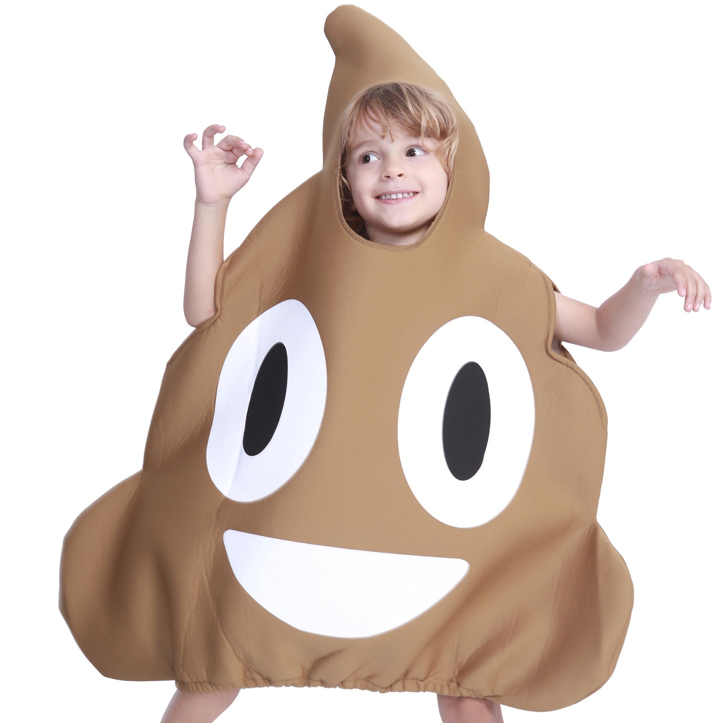 Kids' Poop Emoji Novelty Halloween Costume – Brown Padded Foam Body Suit with Smiling Face & Swirl Hood | One Size (M)