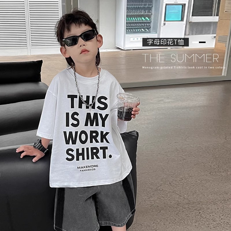 Casual Boy's Short Sleeve Lightweight Letter Print Black Cool Kids Stylish Children's Top