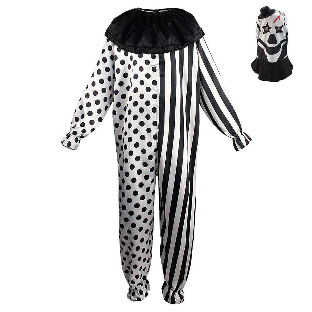 Horror Clown Halloween Jumpsuit with Mask – Black & White Polka Dot & Stripe | One Size