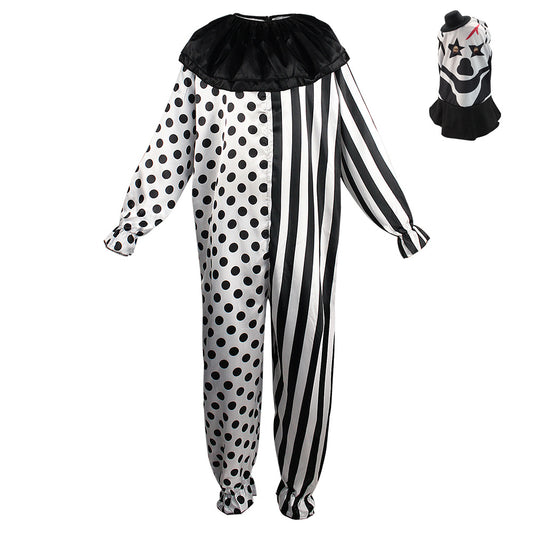 Horror Clown Halloween Jumpsuit with Mask – Black & White Polka Dot & Stripe | One Size