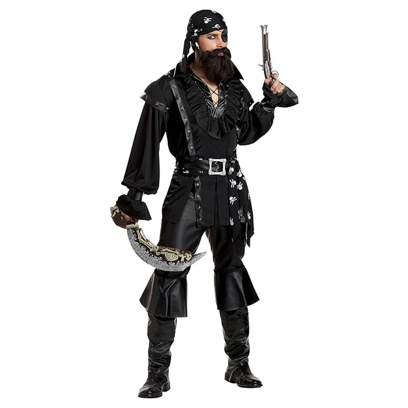 Men's Black Pirate Halloween Costume – Ruffled Shirt, Skull Sash, Bandana, Eye Patch & Belt Set | M–2XL