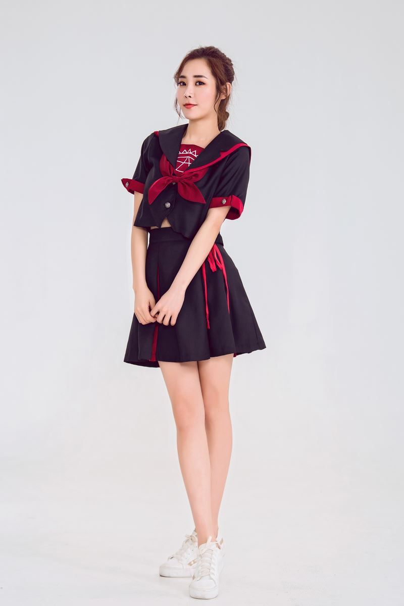 Women's Japanese Sailor School Uniform Cosplay Set – Black & Red JK Crop Jacket, Bow Tie & Pleated Skirt | S–XL