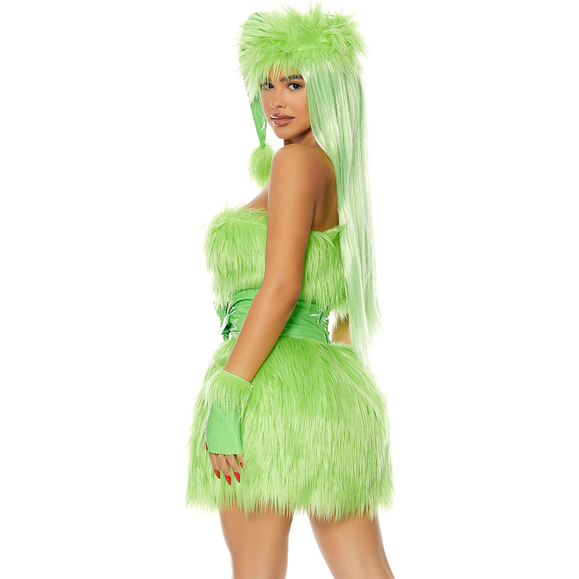 Green Monster Costume – Sexy Faux Fur Strapless Mini Dress with Hat & Gloves | Women's S–XL