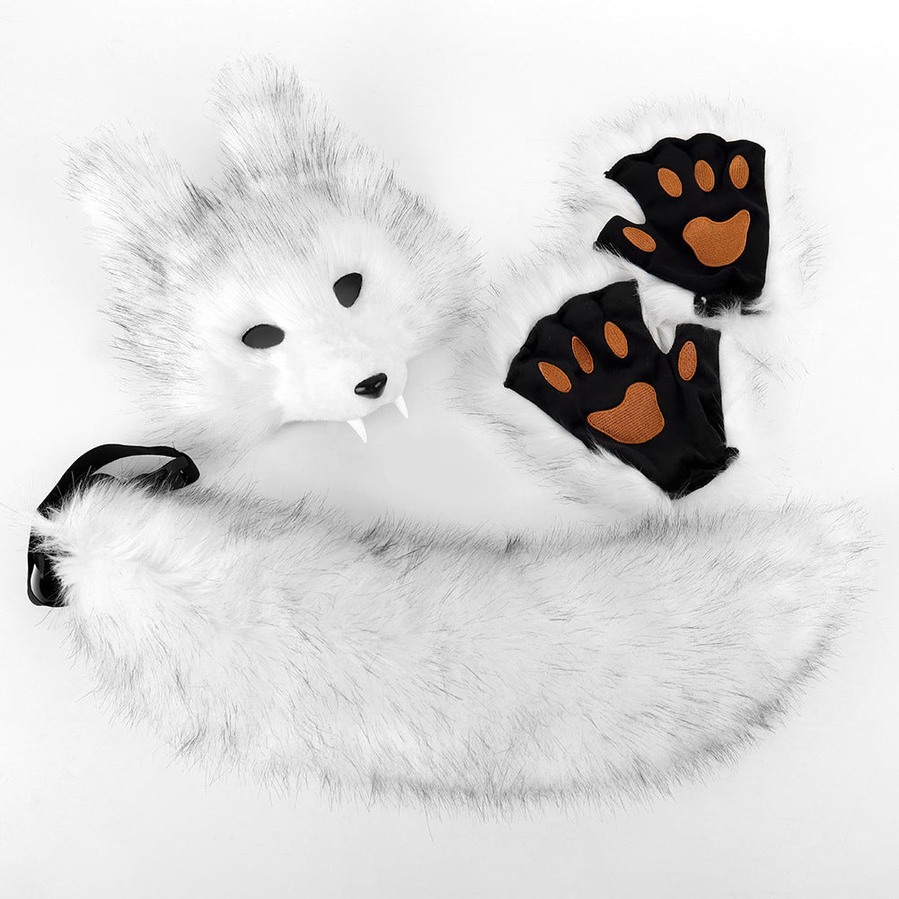 Halloween Realistic Wolf Tooth Mask 3D Set Cosplay Lone Wolf Plush Animal Tail Party Costume Accessory
