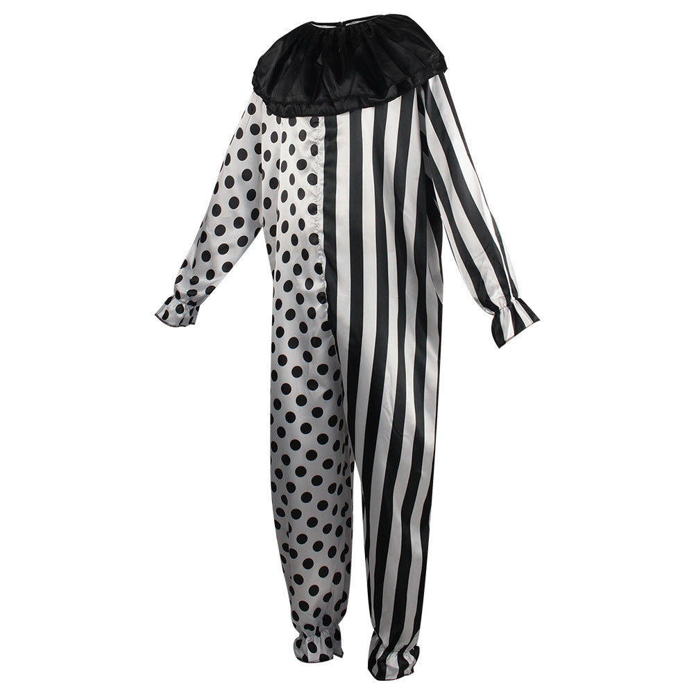 Horror Clown Halloween Jumpsuit with Mask – Black & White Polka Dot & Stripe | One Size