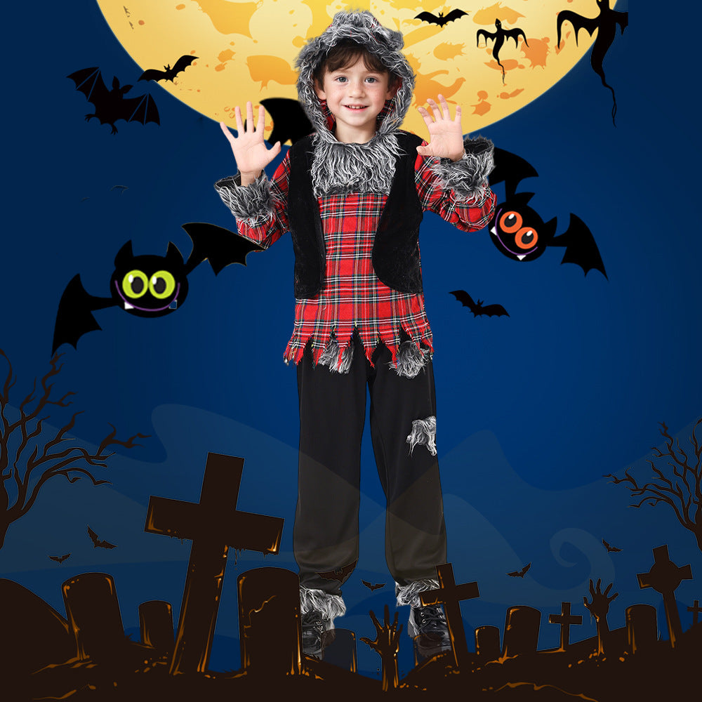 Kids' Werewolf Halloween Costume – Plaid Shirt & Pants with Faux Fur Trim | Unisex | Heights 105–145 cm