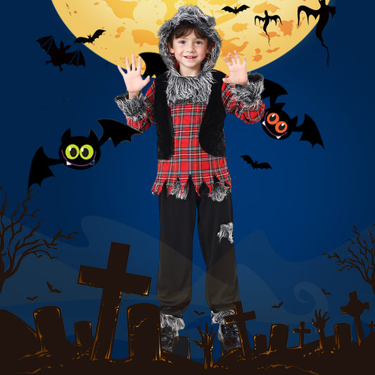 Kids' Werewolf Halloween Costume – Plaid Shirt & Pants with Faux Fur Trim | Unisex | Heights 105–145 cm
