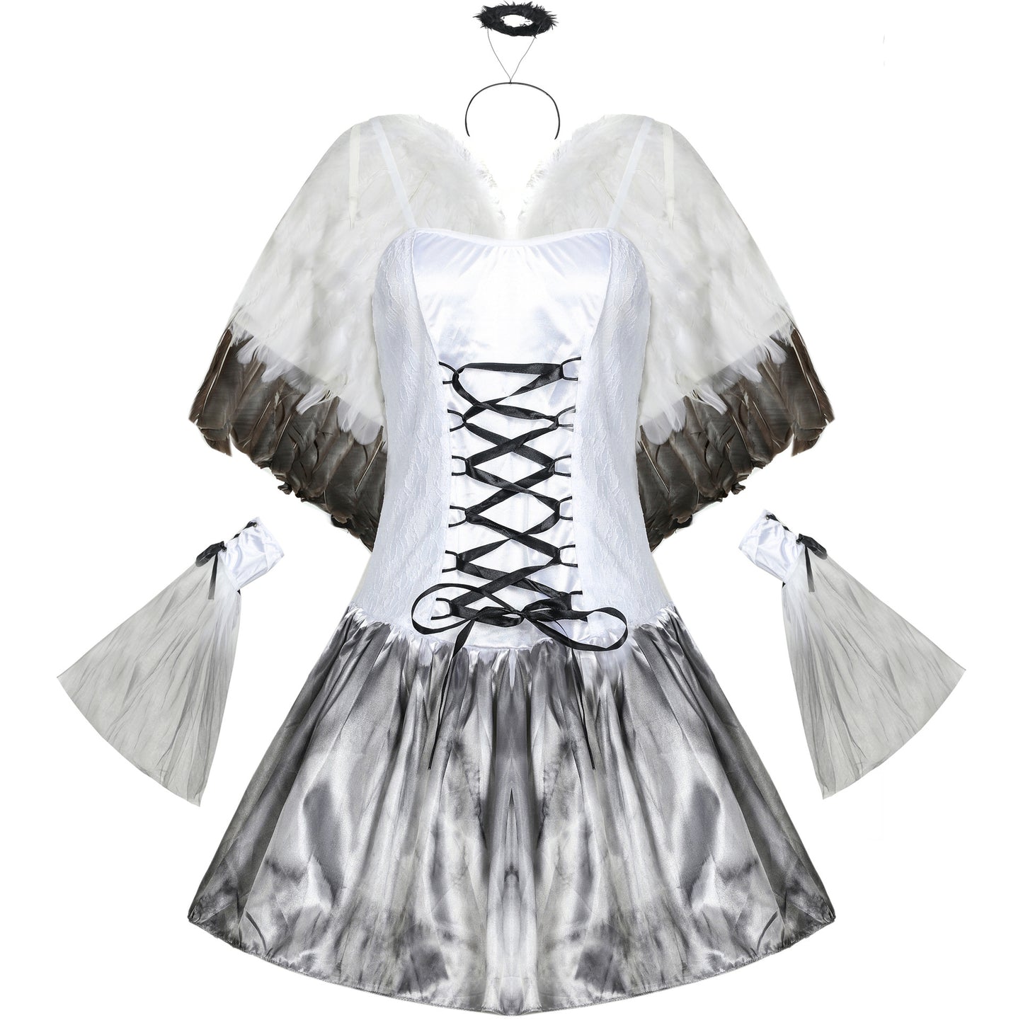 Dark Fallen Angel Halloween Costume – Lace Dress, Wings & Halo | Black or White