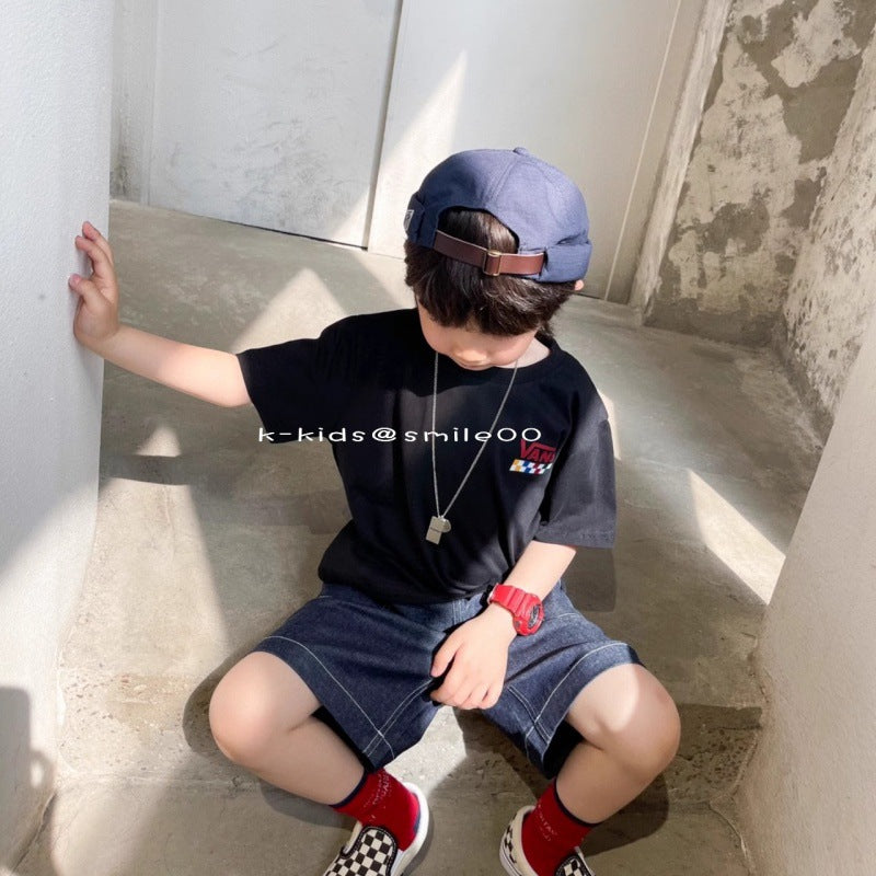 Children's Checkerboard Short Sleeve Casual T-Shirt, Loose Fit for Boys and Girls