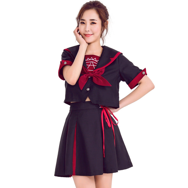 Women's Japanese Sailor School Uniform Cosplay Set – Black & Red JK Crop Jacket, Bow Tie & Pleated Skirt | S–XL