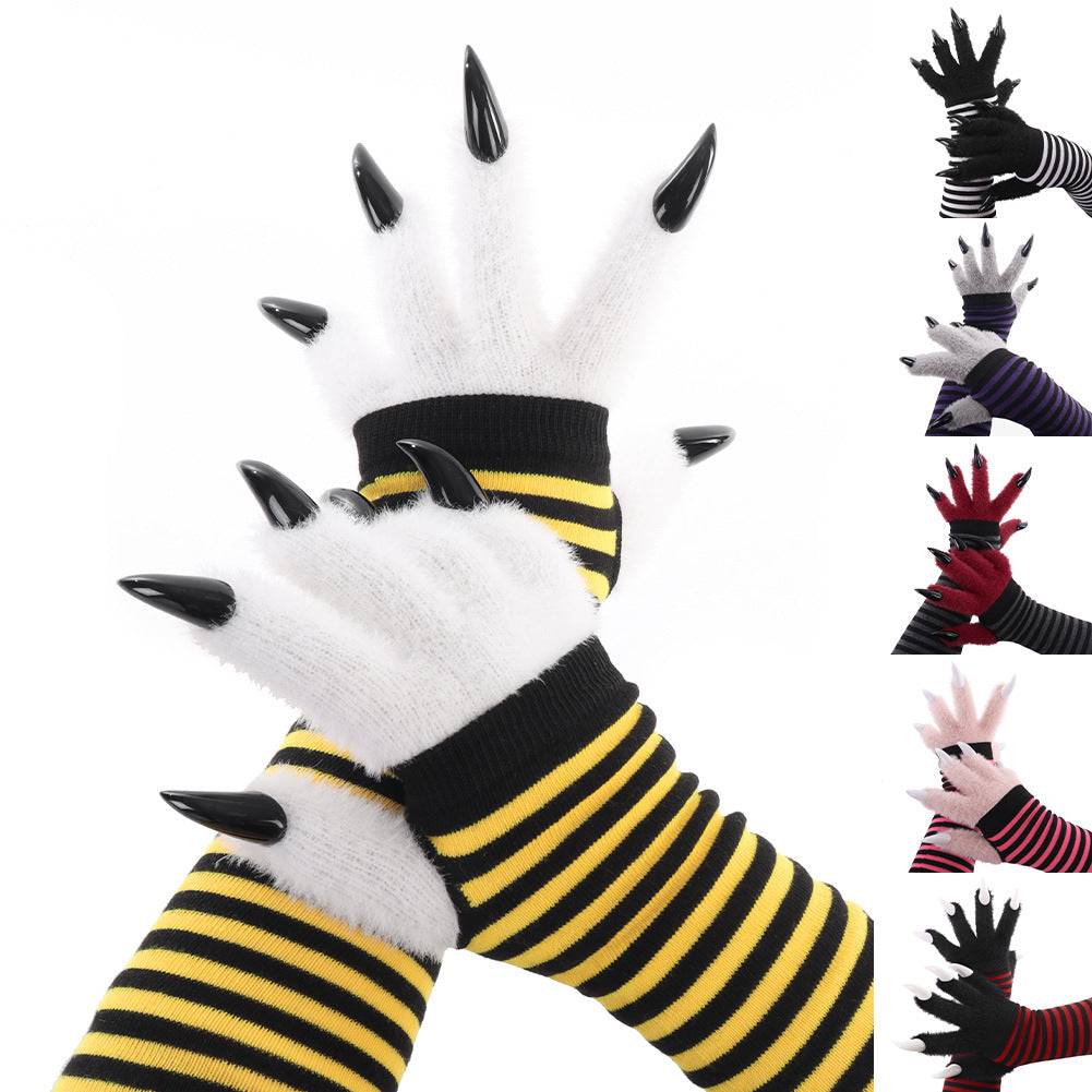Kigurumi Claw Plush Gloves Striped Long Sleeve Gloves Warm Pointed Claw Design Cosplay Performance Props