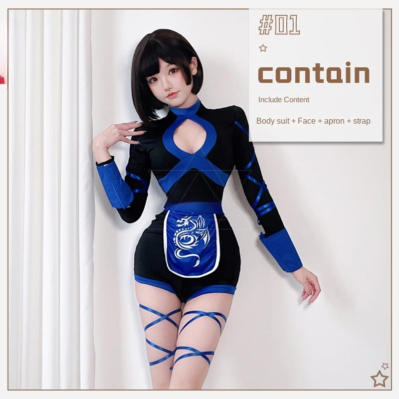 Women's Ninja Halloween Costume – Bodysuit with Ribbon Trim | Red or Blue | 4-Piece Set