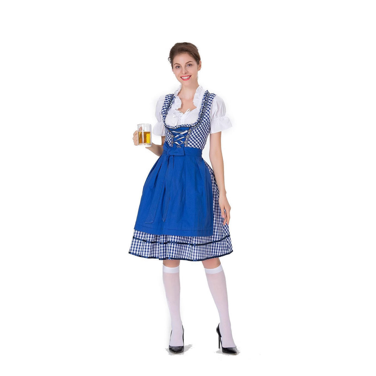Women's German Oktoberfest Dirndl Costume – Plaid Dress, White Blouse & Apron | 3 Colors | S–3XL