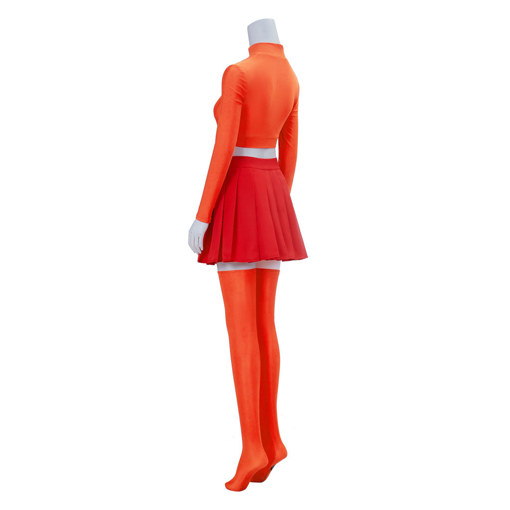 Velma Dinkley Cosplay Costume – Scooby-Doo | Orange Crop Top, Red Pleated Skirt & Orange Tights | XS–3XL