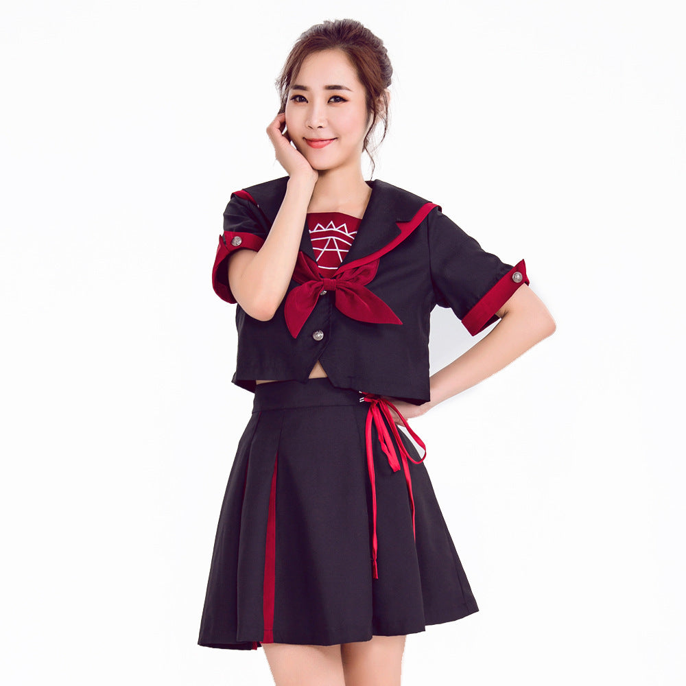 Women's Japanese Sailor School Uniform Cosplay Set – Black & Red JK Crop Jacket, Bow Tie & Pleated Skirt | S–XL