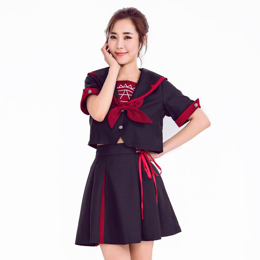 Women's Japanese Sailor School Uniform Cosplay Set – Black & Red JK Crop Jacket, Bow Tie & Pleated Skirt | S–XL