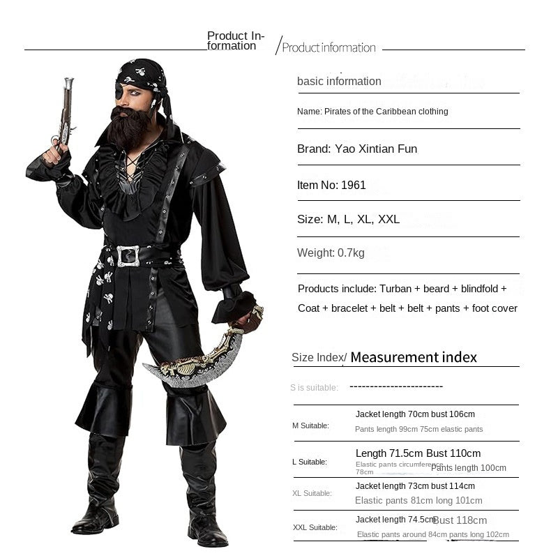 Men's Black Pirate Halloween Costume – Ruffled Shirt, Skull Sash, Bandana, Eye Patch & Belt Set | M–2XL