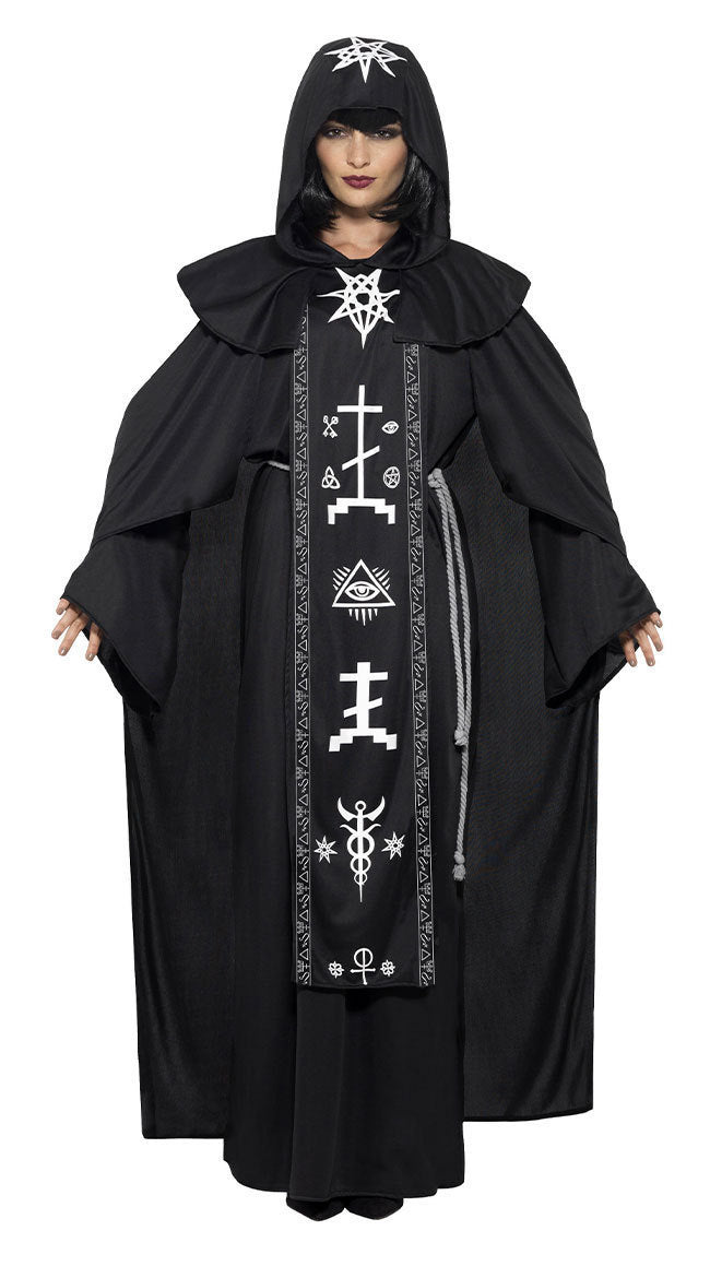 Dark Occult Ritual Robe Halloween Costume – Couples His & Hers Hooded Robe with Arcane Symbol Stole | M–XL